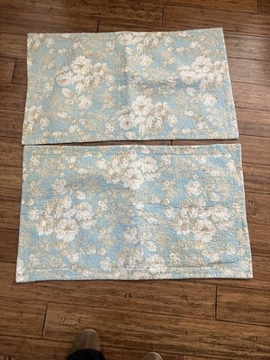 Pair Laura Ashley Brompton Serene Aqua Floral Pillow Shams 22x38'' Shabby Chic