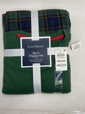 Club Room Men's Pajama Set Green Navy Plaid Knit Shirt Fleece Pants NWT Sz M