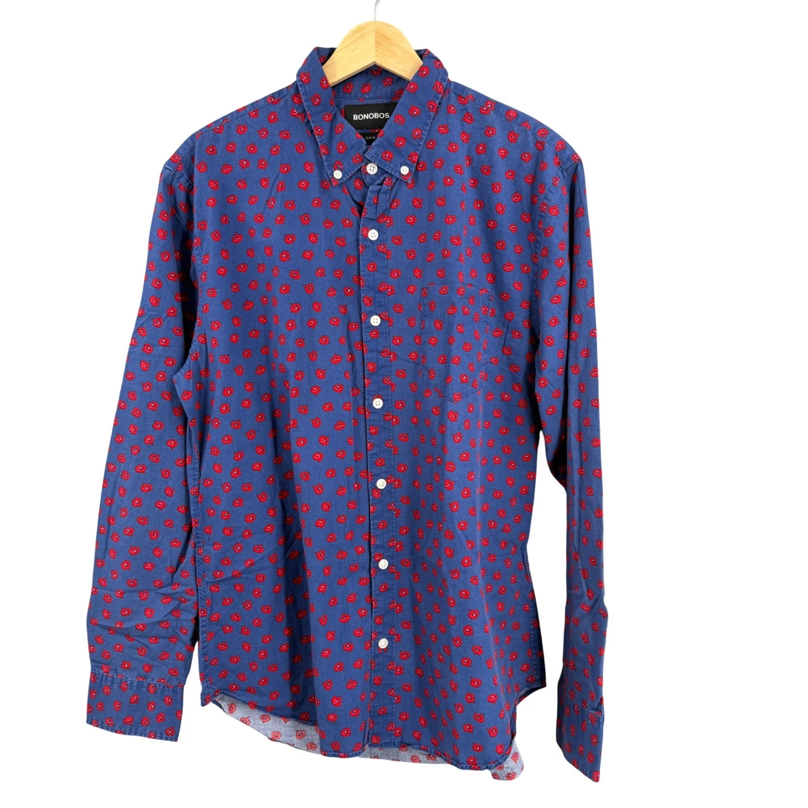 Bonobos Floral Shirt Blue Red Slim Fit Button Front Size Large