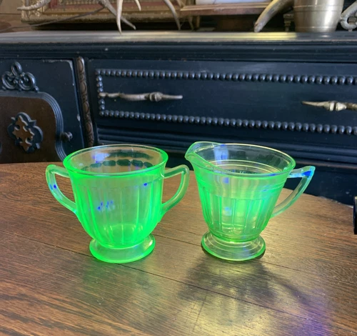 Federal GLOWY Green Uranium Depression Glass Sugar and Creamer Set 1930's
