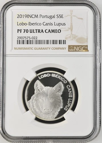 Portugal 2019 Silver 5 Euro Wolf NGC PF 70UC Box & COA