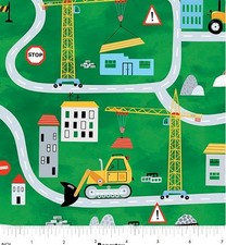 Cotton Construction Zone Green Bulldozers Cranes Fabric Print by Yard D682.89