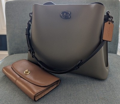 Coach Purse & Wallet Genuine Leather (Green & Honey Beige) Handbag/Wallet Set!