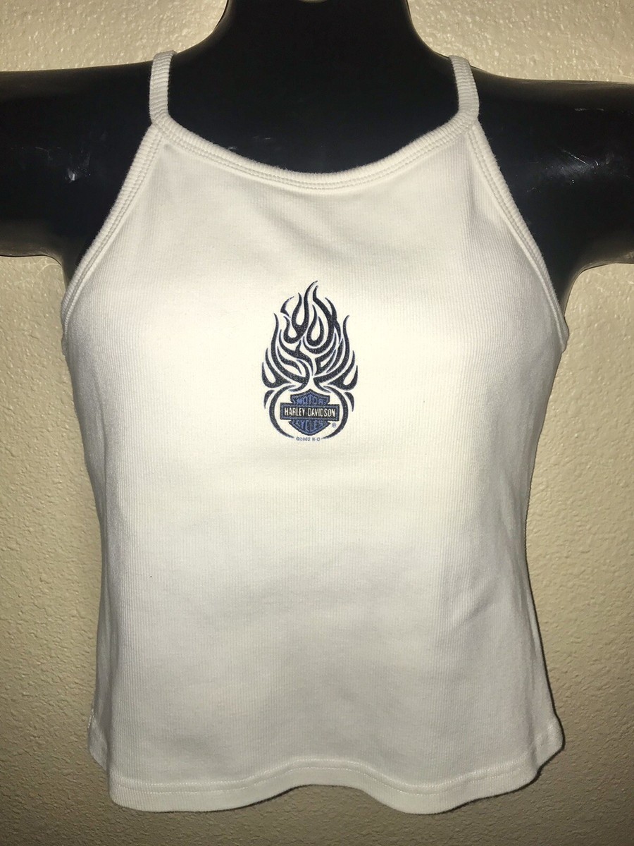 Harley Davidson XL Blue Flame String Cami Tank Top White Ribbed