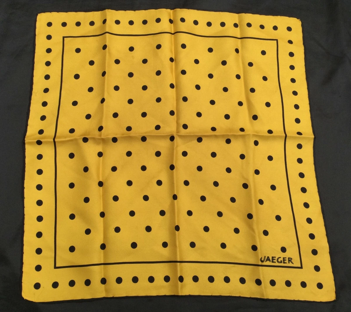 Vintage JAEGER Silk Scarf Yellow Black Dots 14 Square Rolled Hem MINT