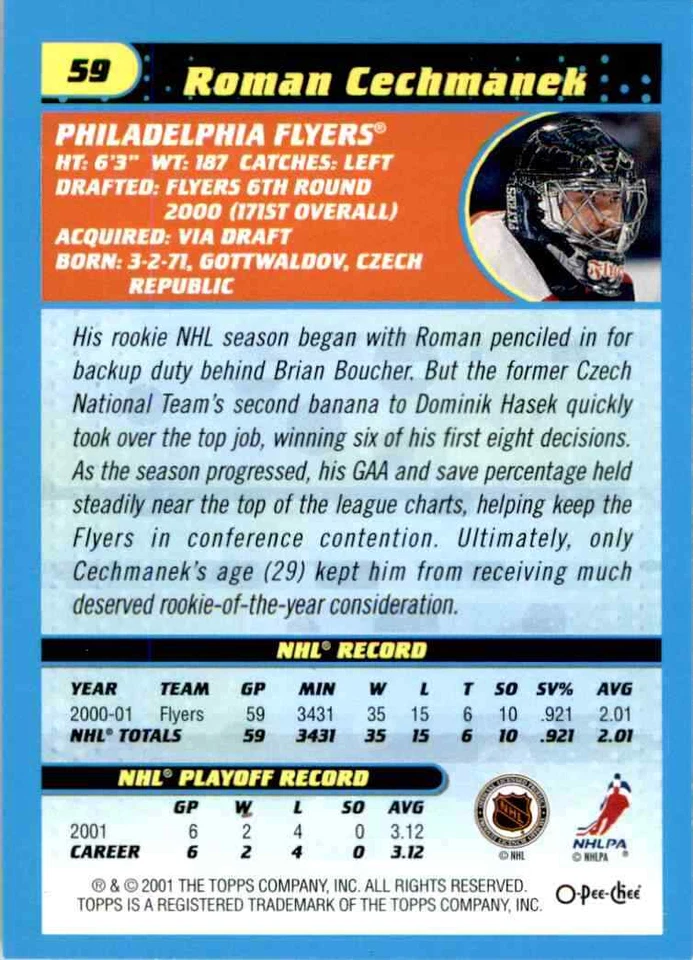 2001-02 O-Pee-Chee Roman Cechmanek #59 - Image 2 of 2
