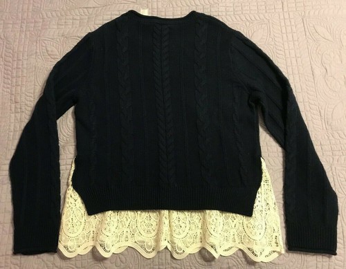 NWT QI Women's Wool Cable Lace Hem Sweater LARGE Navy/Cream $225 - Picture 3 of 8