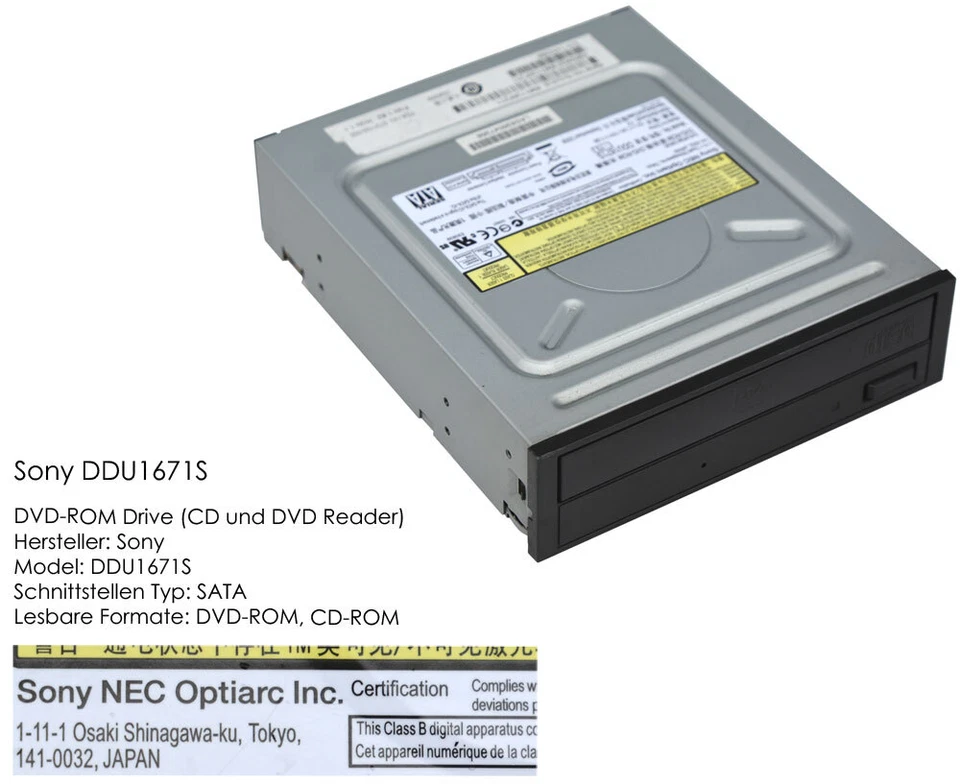 SONY NEC OPTIARC DDU1671S SATA S-ATA CD-ROM DVD-ROM DRIVE LAUFWERK SCHWARZ PX-18 - Bild 3 von 4
