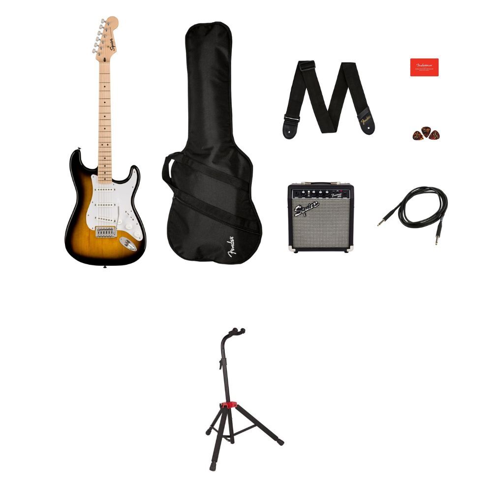 Прочный комплект Squier Sonic Stratocaster Pack Sunburst с подставкой для гитары Fender