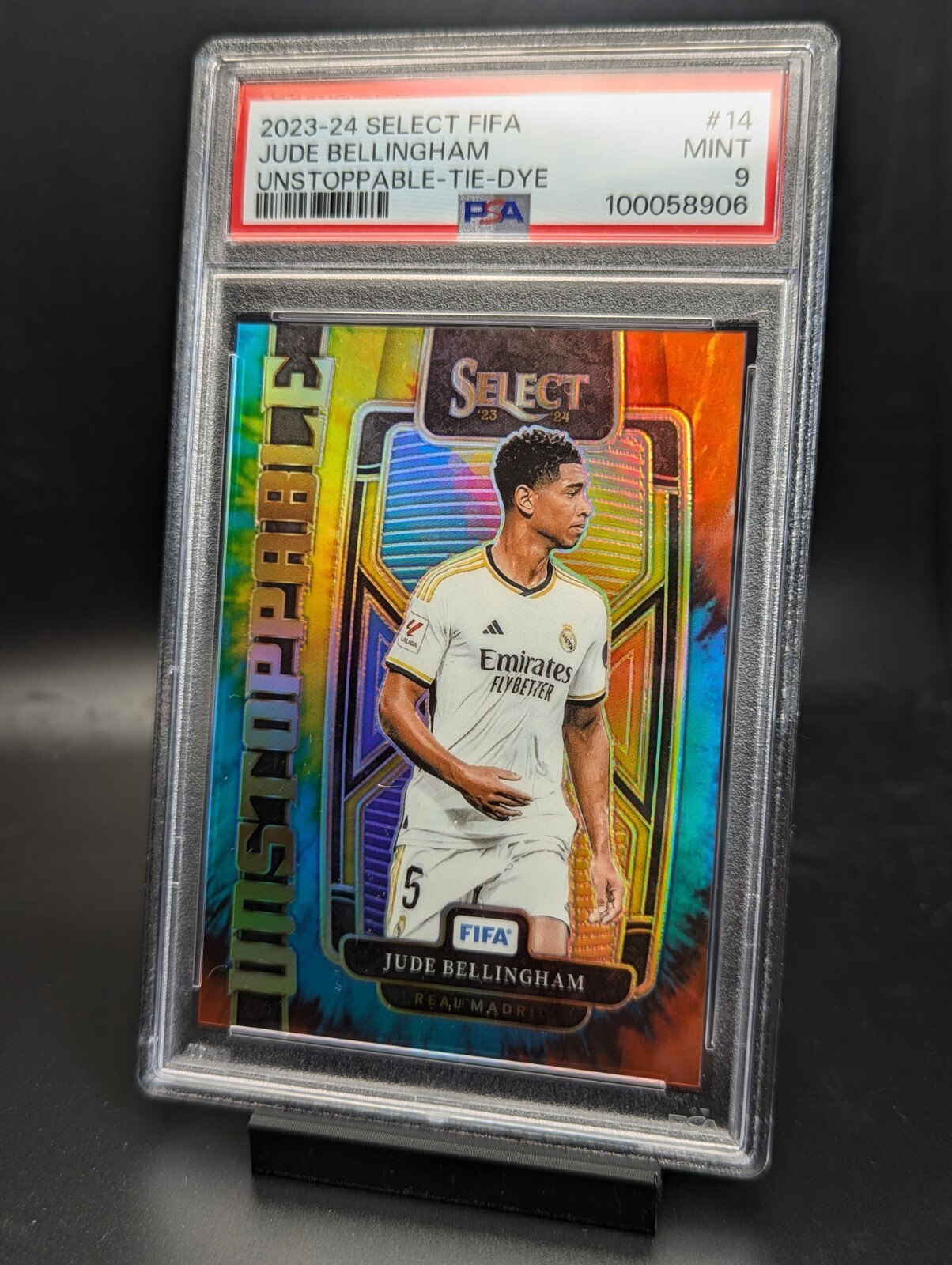2023-24 Panini Select FIFA Jude Bellingham Unstoppable Tie-Dye /49 PSA 9 Madrid