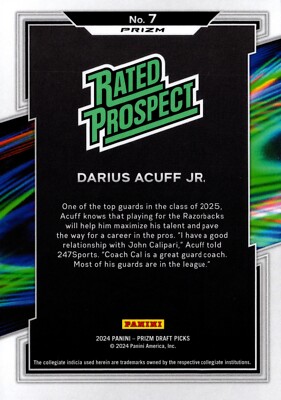 Darius Acuff Jr #7 Rated Prospect Silver Prizm 2024 Panini Prizm
