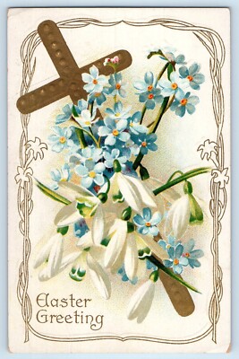 c1910s Easter Greeting Holy Cross And Flowers Embossed Antique Unposted Postcard