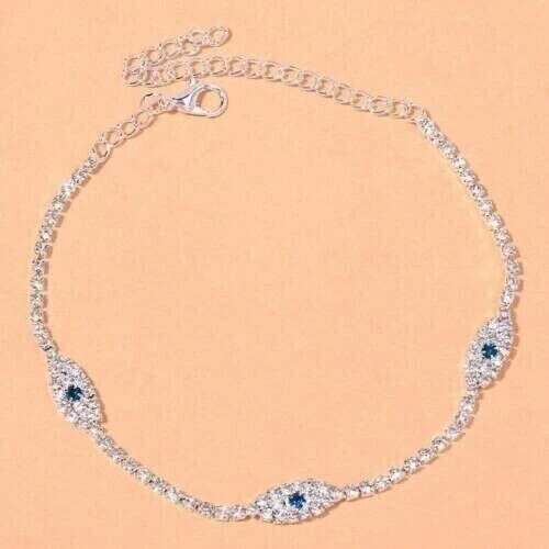 Anklet 8Ct Evil Eye Created Diamonds Women's Gift 14K White Gold Finish 9 Inch - Image 2 of 3