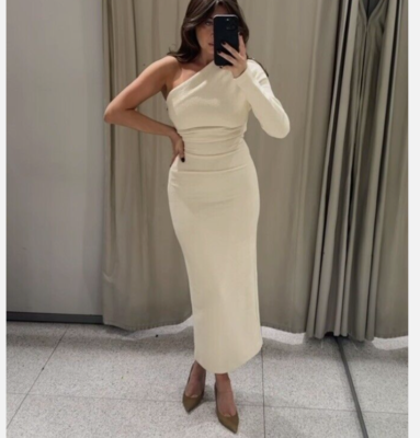 ZARA NWT WOMAN TEXTURED ASYMMETRIC MIDI DRESS BEIGE Neutral