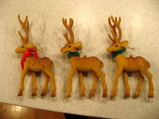 Vintage Lot of 3 Flocked Reindeer Christmas Ornaments Decorations about 7"T