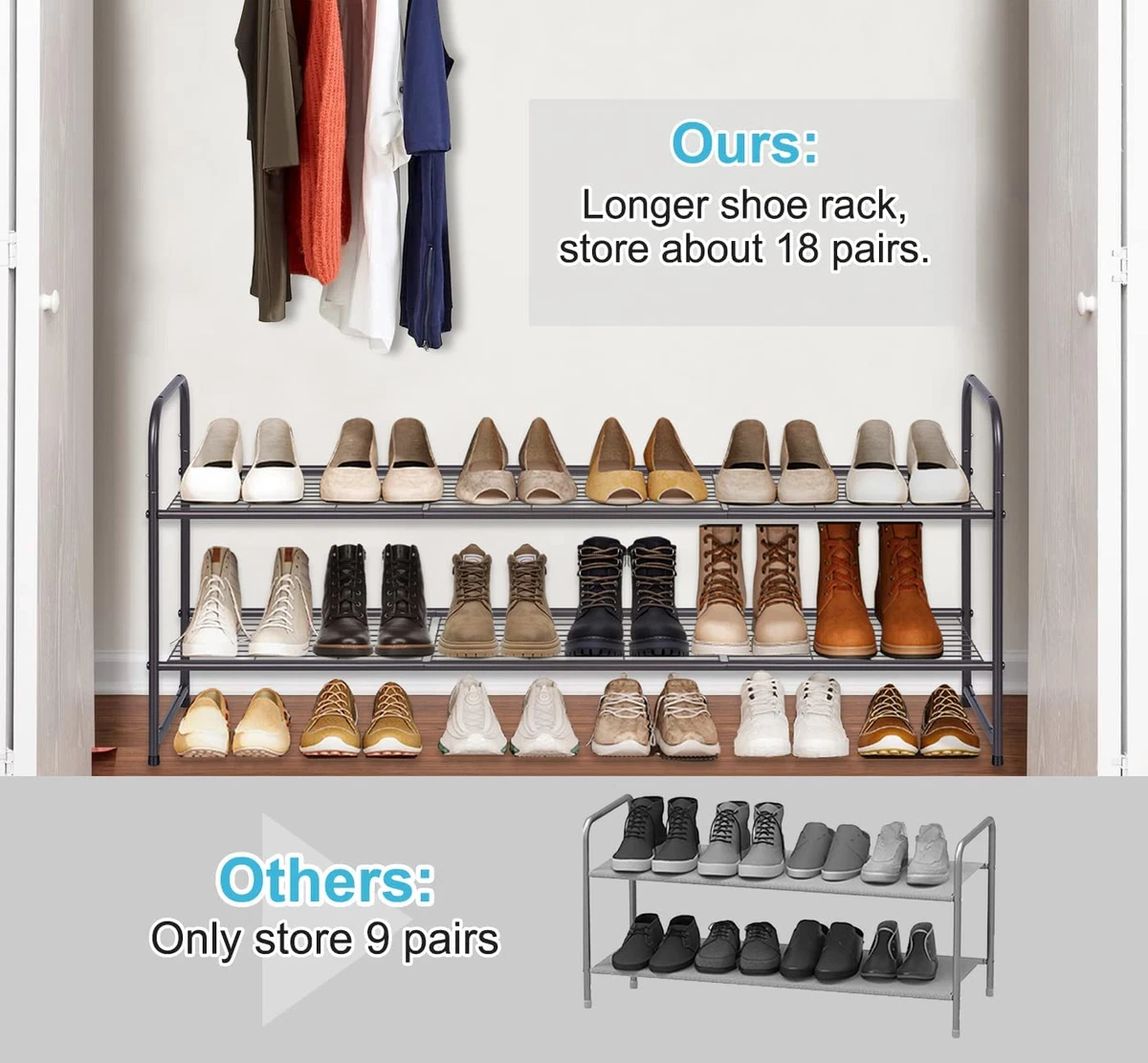 2 Tier Metal Long Shoe Rack For Closet Stackable Wide Shoe Storage Bronze  NEW