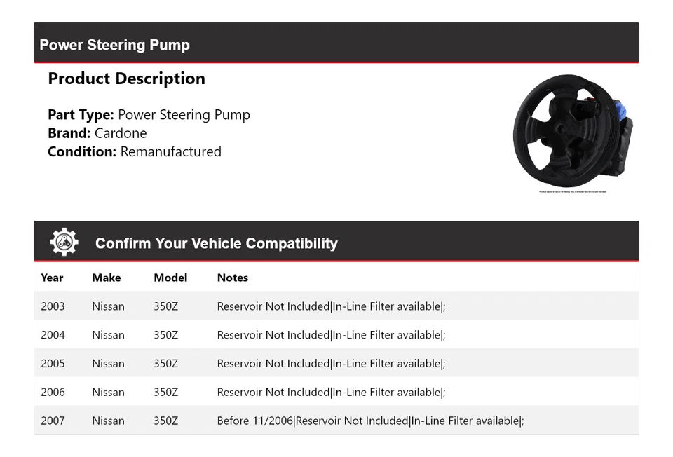 Bomba de dirección asistida Cardone para Nissan 350Z 2003-2007 2004 2005 2006 Foto 2 de 4
