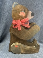 vintage Folk Art Solid Wood Bear Rustic hand painted heart red ribbon