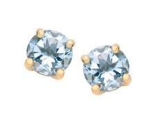 9ct Yellow Gold Natural Aquamarine Round Solitaire Stud Earrings - March