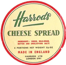 Harrods Cheese Spread Harrods Ltd. ENGLAND Vintage Label 4"