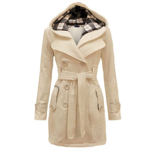 Women Winter Warm Long Coat Collar Hooded Jacket Slim Ladies Outwear Belted Soli - Picture 7 of 23