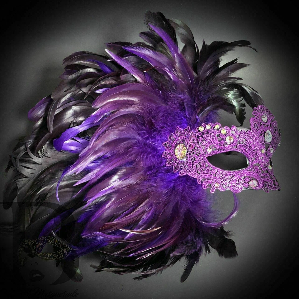 NEW Venetian Carnival Feather Masquerade Mask Purple Large Feathers Halloween - Image 2 of 2