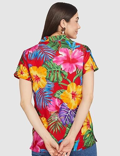 Women's Hawaiian Shirt Short Sleeve Blouse Big Hibiscus Leaf Beach Shirts - Picture 10 of 17