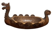 Vintage Swedish Scandinavian Hand-Carved Wood Viking Ship Bowl Dragon