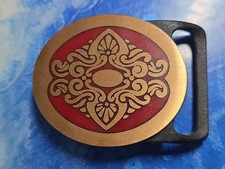 Tech Ether Guild Belt Buckle Brocade Design Red Inlay 1978 Solid Brass NOS