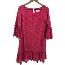 Anthropologie Pink Eyelet Mini Dress US 10 Ruffle Bell Sleeve Barbiecore