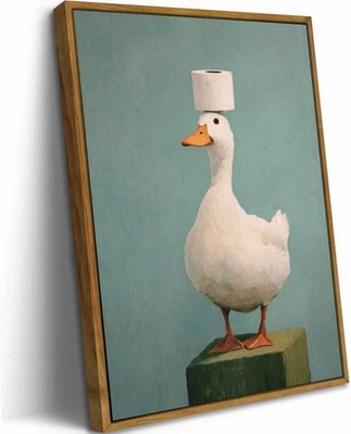 Floating Framed Funny Duck Canvas Wall Art, Cute Bathroom Animal Painting Pic...