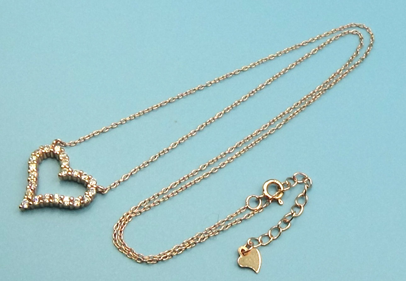 925 Sterling Silver Rose Gold Vermeil Attached Heart CZ Necklace