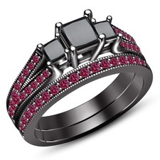 2 CT Princess Lab Created Diamond Bridal Wedding Ring Set 14K Black Gold Over