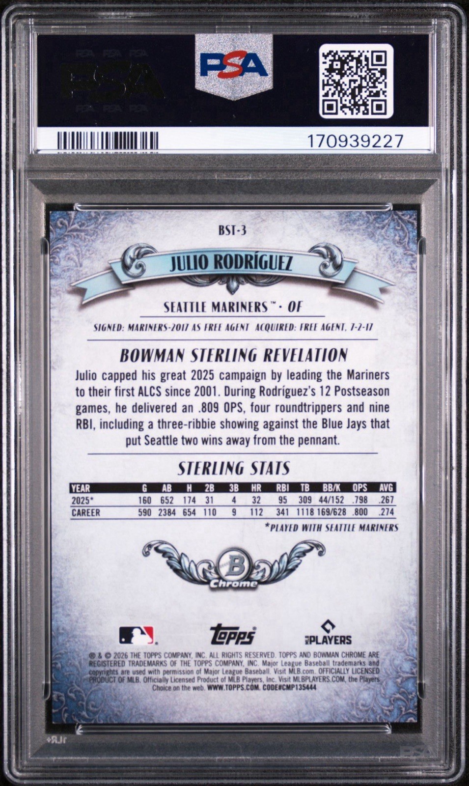 2026 BOWMAN JULIO RODRIGUEZ /150 BWMN STERLING-MINI DIAMOND LOW POP PSA 10 view 3