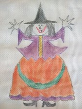 2 Halloween Needlepoint Canvas Handpainted Embroidery Cross Stitch Witch Ghost
