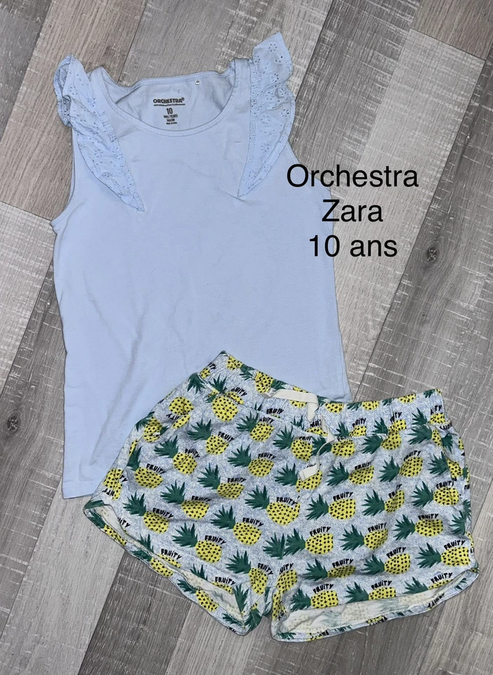 ZARA Orchestra 10 Ans Fille : ENSEMBLE Short Jersey Ananas + T SHIRT Bleu TBE - Photo 1/1