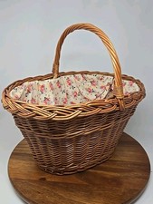 Large Yugoslavia Handmade Wicker Basket Cloth Lined Blue Sticker