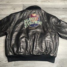 Vtg 90s Planet Hollywood Dallas Leather Reversible Bomber Jacket Men's XL Black