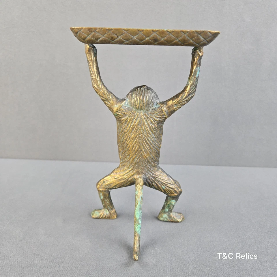 Bandeja de mono de latón macizo vintage porta tarjetas de visita jabonera adorno de escritorio Foto 3 de 4