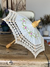 Vintage Doll Size Victorian Battenburg Lace  Wood Parasol Umbrella 9" Wide