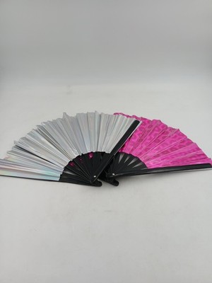 Folding Hand Fans Set Of 2 Multicolor Plastic Modern Moire Pattern Adults