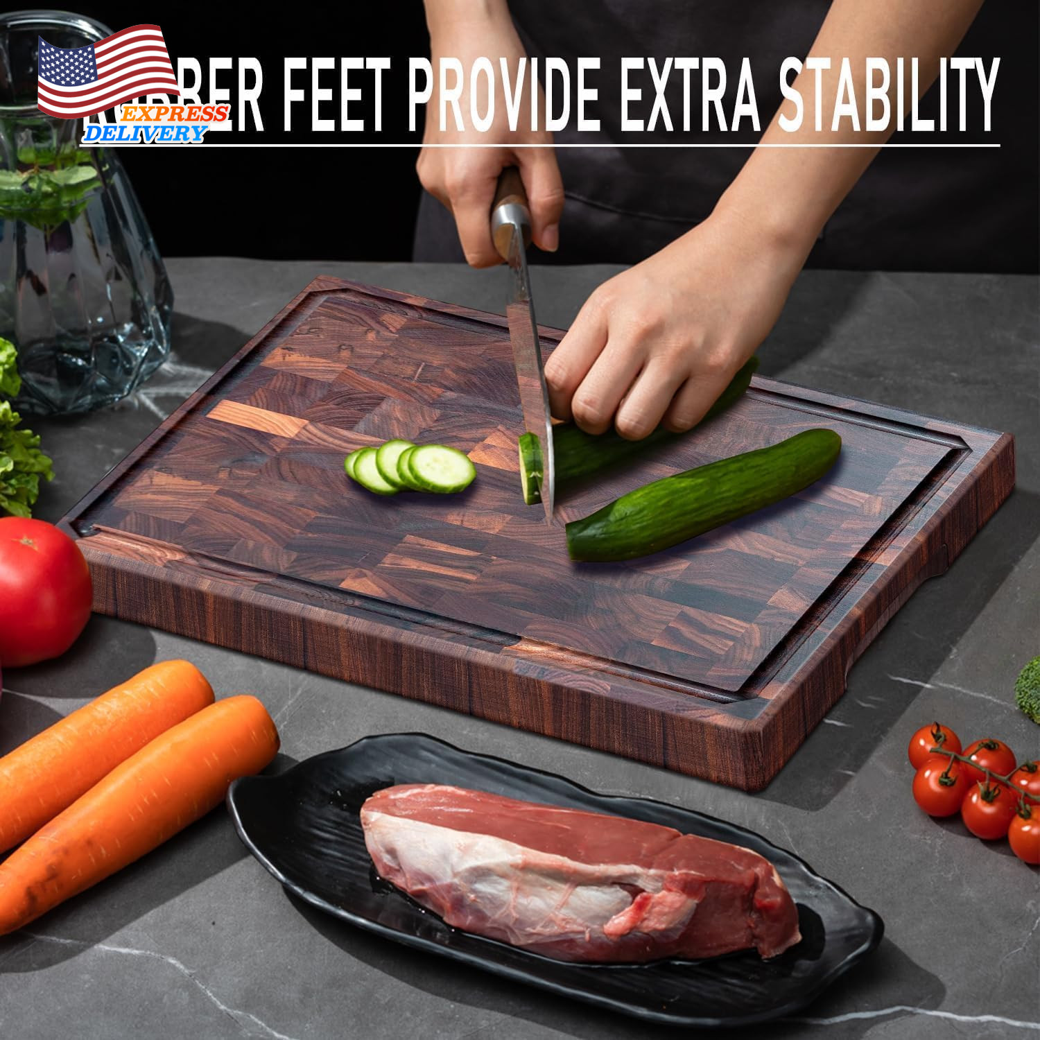 Large Cutting Board Premium Walnut Chopping Board for Kitchen with Juice Slot