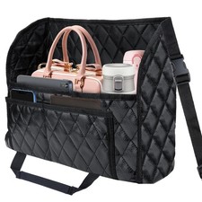 Car Purse Holder Between Front Seats Black Faux Leather Organizer 3 Pockets