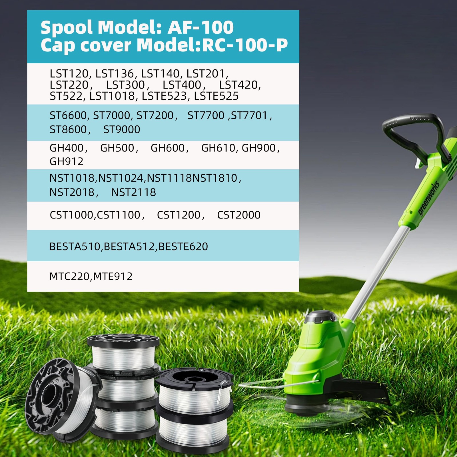 String Trimmer Line 30ft 0.065" - AF-100 Replacement Spool (6 Spools, 1 Cap