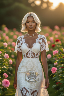 Gorgeous Woman Ornate Ivory Lace Tea Dress Pearl Trim Twilight 4X6 Fantasy Photo