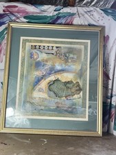 Vintage Framed World Map Collage Art Print Antique India Nova Celestial 29x26