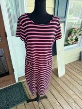 Talbots Dress Sz Large Coral Pink Black Striped Knit Short Sleeve Pocket Button