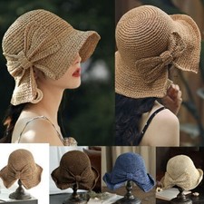 Women Vintage Fashion Folding Straw Bucket Hat Braid Summer Beach Sun Hat Bow