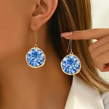 1 Pair Vintage Blue and White Porcelain Ceramic Hoop Earring