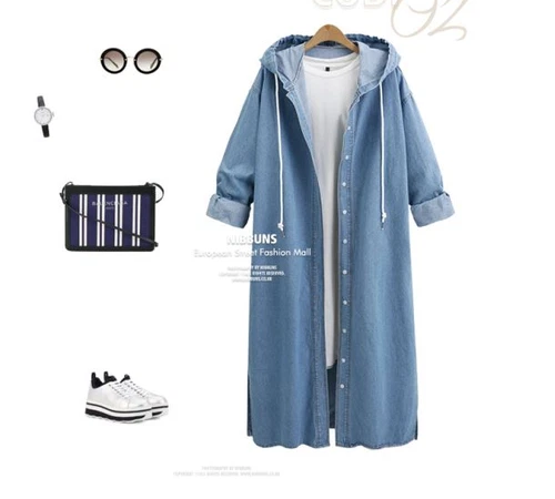 Giacca denim manica lunga con cappuccio monopetto trench lungo - Foto 7 di 12